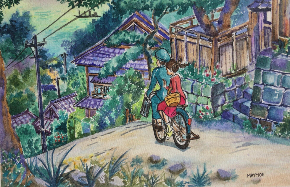 Redraw of evening scene from " From Up On Poppy Hill)